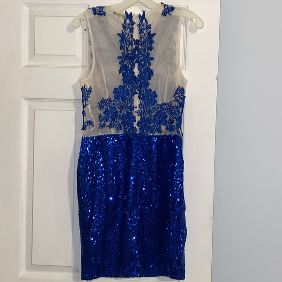 ❌DONATED❌Royal Blue Crochet Appliqué Sequins Mesh Lined Mini Dress - Picture 7 of 16